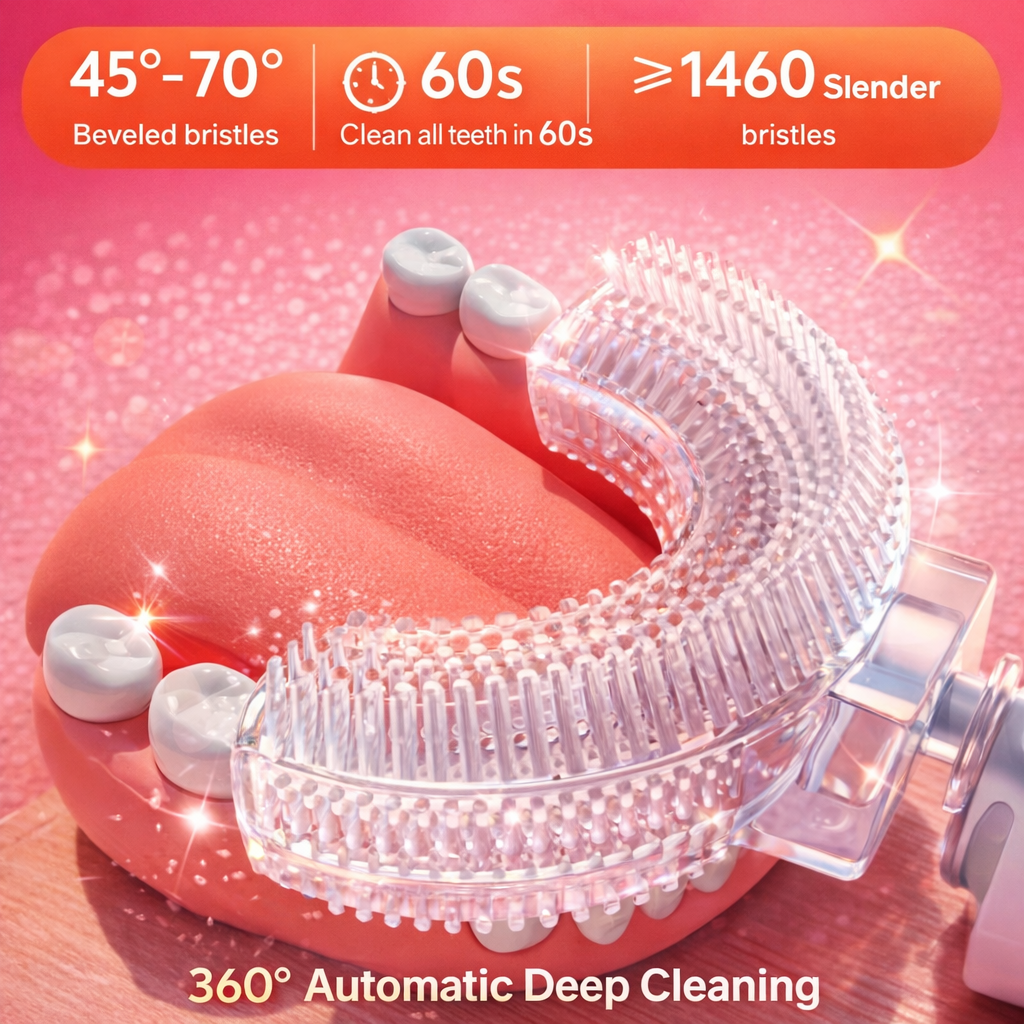 Pink dental cleaning device with text highlighting features on a pink background